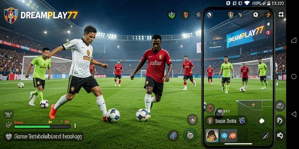 Screenshot gameplay DREAMPLAY77 menunjukkan aksi seru di lapangan sepak bola.