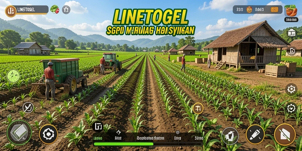 Screenshot gameplay LINETOGEL menampilkan suasana pertanian yang cerah dan aktif.