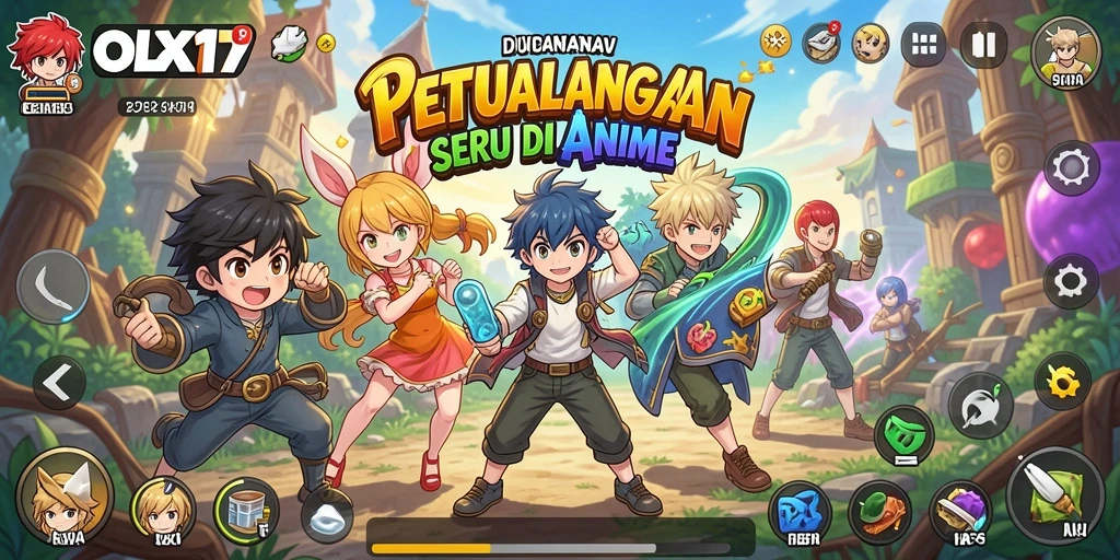 Screenshot utama OLX17 menunjukkan karakter anime dalam aksi pertempuran.