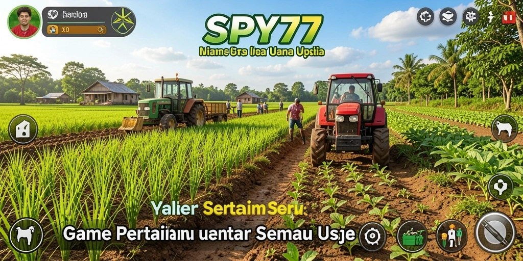 Tangkapan layar gameplay SPY77 yang menampilkan kebun dan hewan ternak.